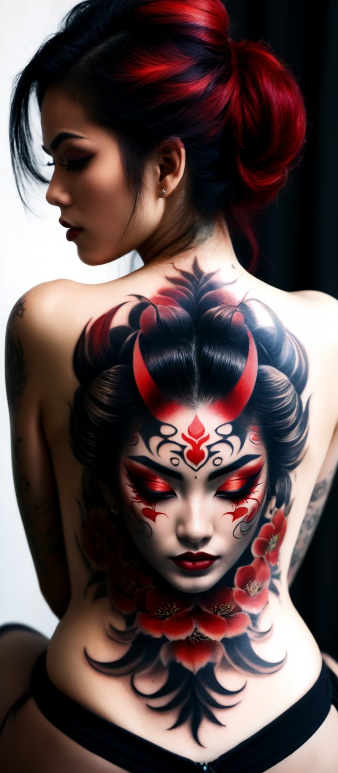 Generate hyper realistic image of a woman with an intricate and vibrant full-back tattoo. The woman is shown from behind, seated and leaning slightly to one side, allowing a clear view of her entire back. Her hair is straight and dark, falling around her shoulders. The tattoo covers her entire back. The central feature of the tattoo is a large Hannya mask. The mask has a fierce, angry expression with sharp teeth, depicted in vivid red and contrasting dark shades. The tattoo features rich, deep colors with intricate shading. he woman's hair is straight and dark, and it frames the tattoo. 