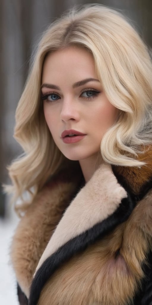 Generate hyper realistic image of a beautiful woman with pure blonde hair elegantly covered by a dark black fur coat accented with brown fur. She stands outdoors in the winter, casting a sideways glance at the viewer with a subtle shyness. Enhanced by smoky makeup, her big blush lips and face add a touch of allure against the crisp winter air, creating an image of timeless beauty in a cold yet enchanting landscape.