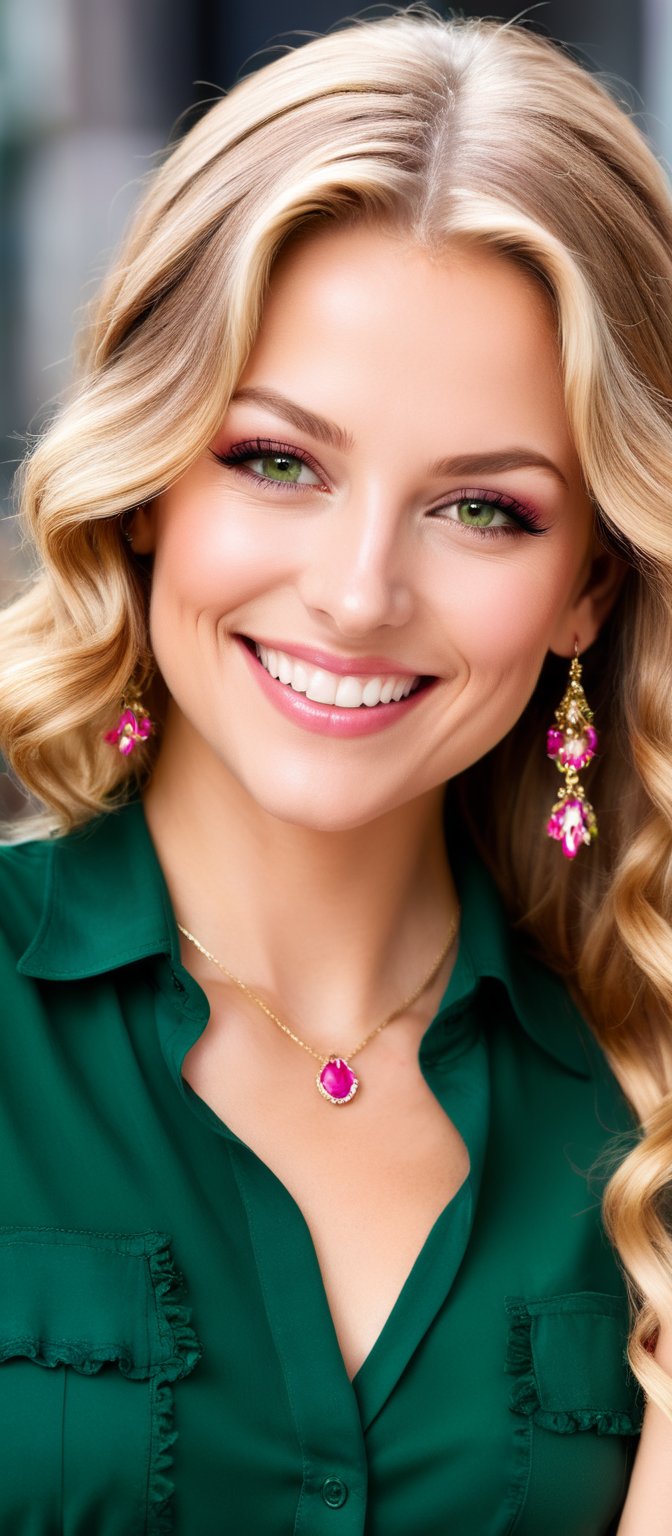 Generate hyper realistic image of a woman with long blonde hair, looking at the viewer with a smile and green eyes. She has one eye closed, wearing a shirt with frills, and a necklace. Her fingernails are painted red, and her lips are also red. She has detailed facial features, clear skin, and dimples that highlight her bright smile. Her eyelashes are prominent, and she has light brown hair strands mixed with the blonde. The background is blurry, making her the focal point. She has her hands on her face, showcasing pink nails, and her forehead is visible.