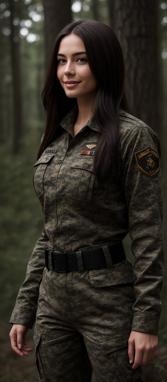 Generate hyper realistic image of a woman with long, straight, dark brown hair that flows freely down her back. She is wearing a full military uniform in camouflage pattern, which includes a long-sleeved shirt and matching pants. The uniform fits snugly, emphasizing her curves. The outfit is complete with a belt and insignia on her sleeve. She has teasing smile while gazing at the wiewer. The background is set in forest.