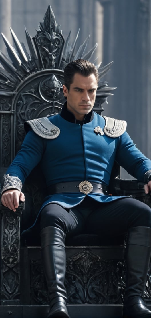 create a beautiful dark age king, fierce, dominating,elegant, intelegent, short hair, athletic, dark hair, royal outfit, blue eys, tall, sitting in his throne, looking down on the viewer.,detailmaster2,male,Movie Still,more detail XL