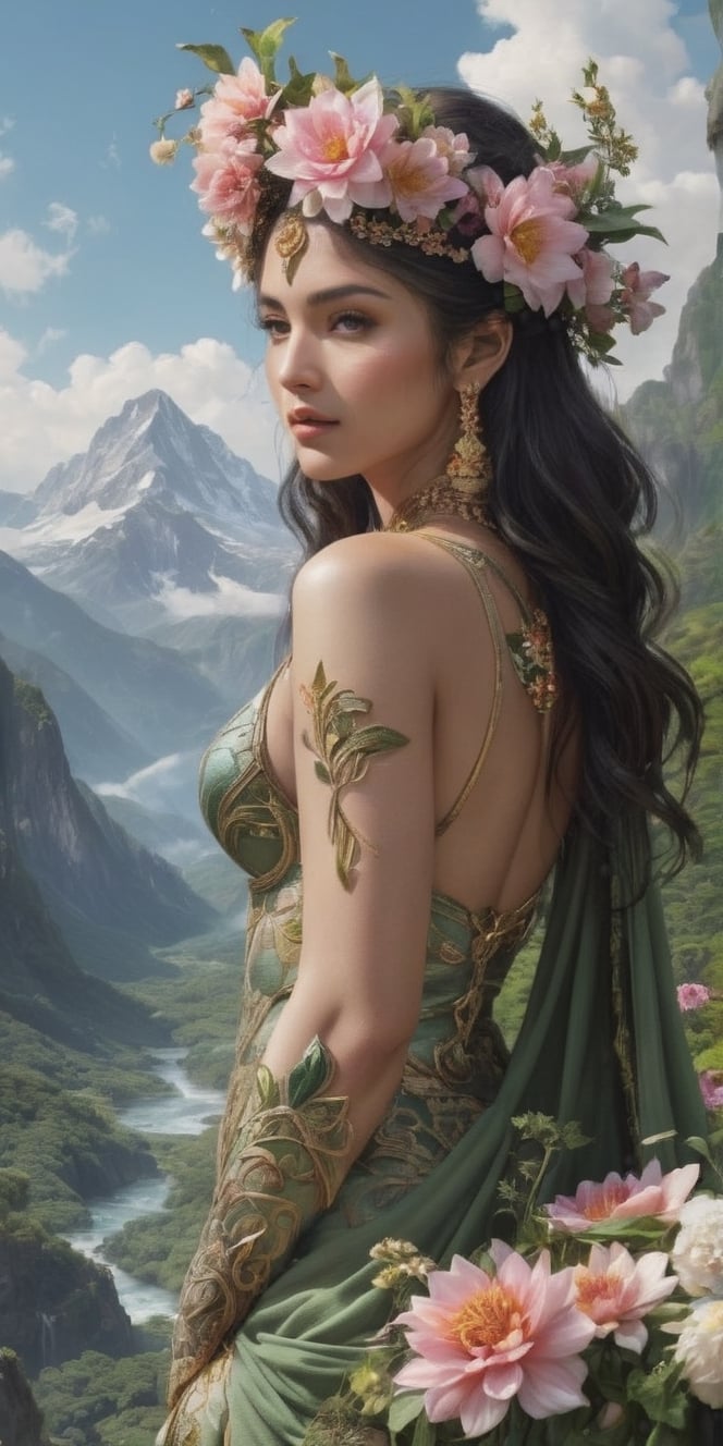 Generate hyper realistic image of a nurturing goddess intertwined with the natural world, adorned with blooming flowers, lush forests, and craggy mountains, symbolizing the grounding and life-giving essence of earth.