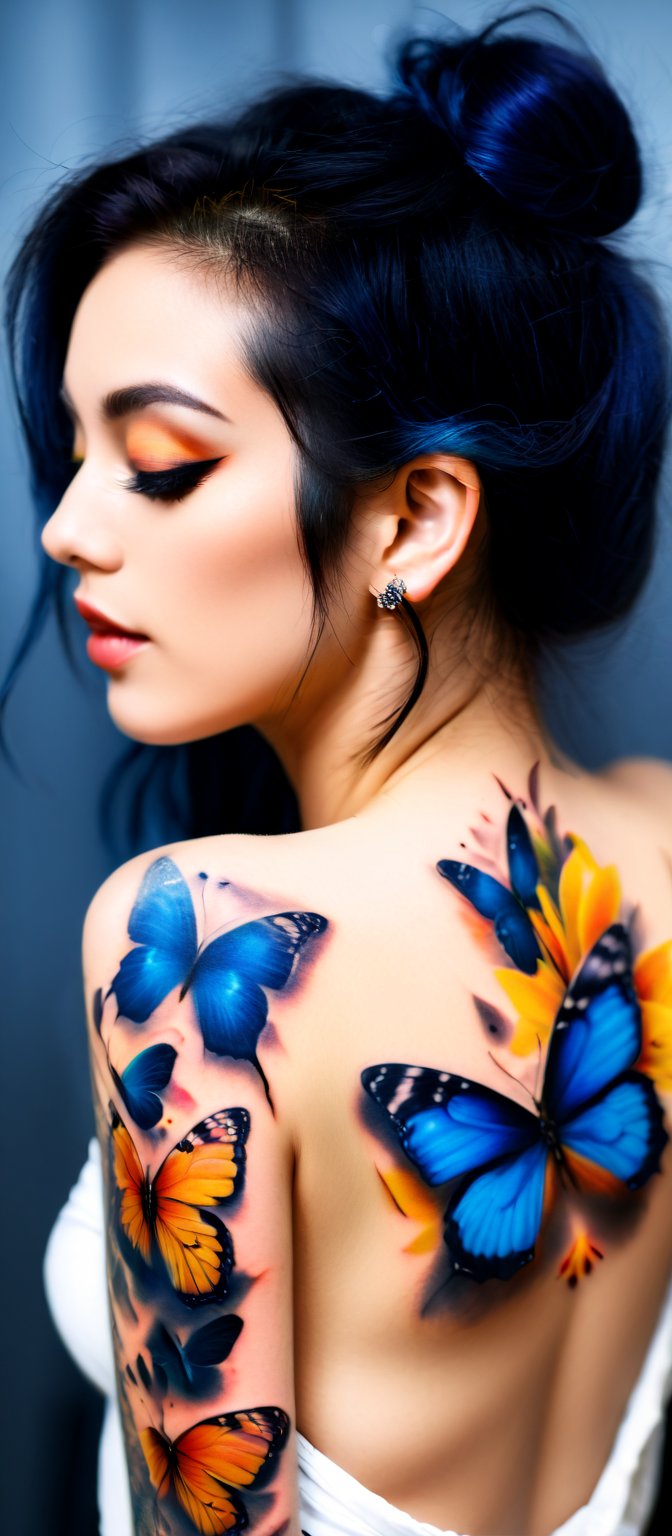 Generate hyper realistic image of  woman with a beautiful and intricate butterfly tattoo on her back. he woman is shown in profile, with her back turned towards the viewer. Her head is slightly turned to the side, giving a glimpse of her serene and thoughtful expression. Her eyes are blue. Her hair is styled in a loose, elegant updo, with a few strands softly framing her face. The hair has a luminous quality, reflecting the light in the scene. vibrant butterfly tattoo covers her upper back and shoulders. The tattoo is rendered in vivid blues and blacks, creating a dramatic contrast against her skin. Surrounding the large butterfly are smaller, glowing butterflies in shades of orange and yellow.