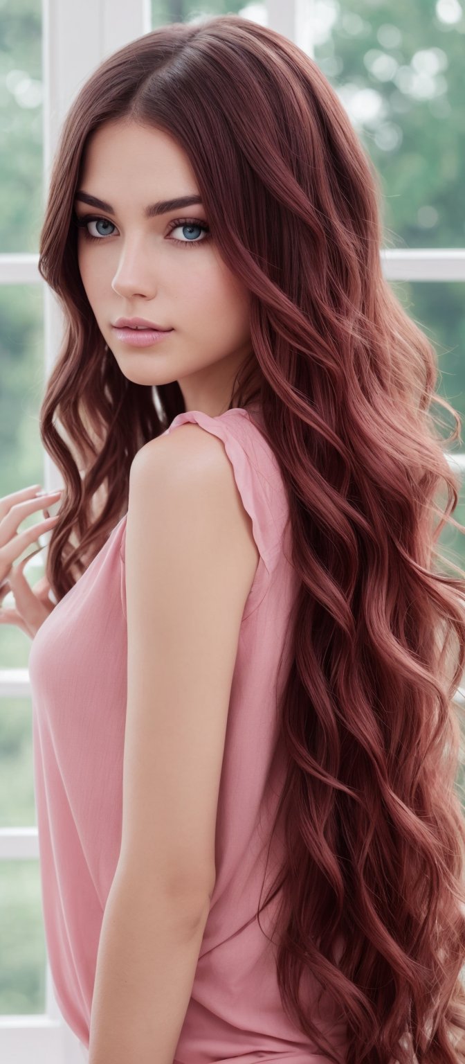 Generate hyper realistic image of a woman with long, flowing, deep red hair that falls in loose waves. The hair is voluminous and catches the light beautifully. Her eyes are highlighted with subtle makeup that enhances their shape. She is dressed in a soft, pastel pink top, which complements her hair color. She is posing with a fresh strawberry held delicately near her lips. Her head is tilted slightly, and her gaze is directed towards the camera. The background is softly lit, with light coming from one side of the window, creating a warm and cozy ambiance.