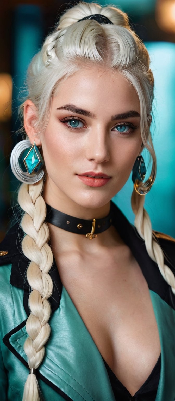 Generate hyper realistic image of a woman with long white hair, twin braids cascading down her shoulders. She gazes at the viewer with aqua eyes, a gentle smile gracing her lips. She wears a jacket and belt, her upper body slightly blurry against the indoor background. Adorned with earrings and a choker, she holds a cup, her head tilted inquisitively. Subtle black makeup and an ear piercing add to her unique charm.