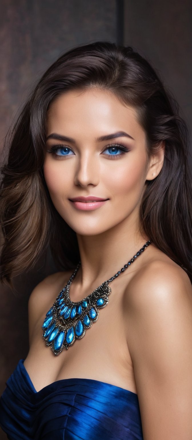 Generate hyper realistic image of a beautiful native woman with dark brown hair cascading down her back, looking directly at the viewer with a gentle smile. She has striking blue eyes and is wearing a black strapless dress paired with a brown fur coat draped over her shoulders. Her neck is adorned with a multi-colored necklace, composed of blue stones arranged in a circular pattern. The setting is a dark room that highlights the elegance of her attire and the vividness of the necklace.