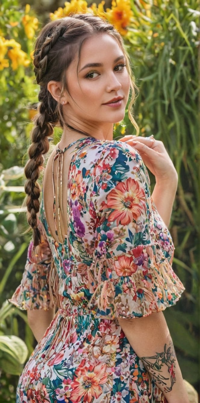 Generate hyper realistic image of a playful brunette with charming braided pigtails, a sun-kissed complexion, and dressed in a boho floral maxi dress with fringe accessories. She teasingly poses amidst vibrant flowers in a sunlit and colorful garden.. up close