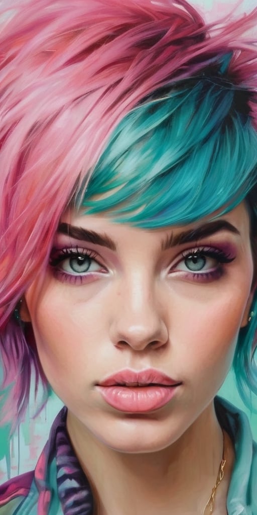 Generate hyper realistic image of  a young woman with vibrant, unconventional hair colors like shades of pastel pink and teal, expressing her artistic spirit while painting in an eclectic urban art studio filled with vibrant canvases.Extremely Realistic, up close, 