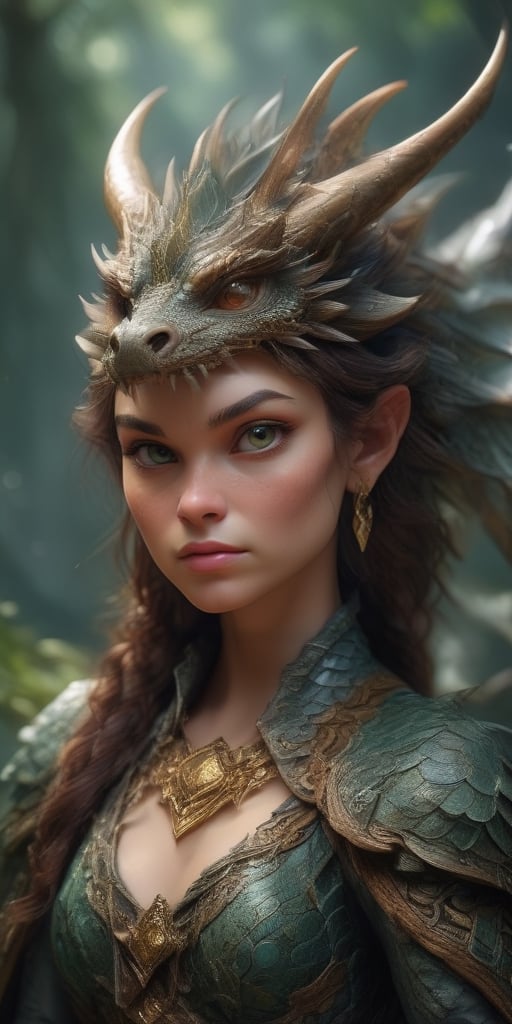 Generate hyper realistic image of a dragon-inspired huntress, adorned with intricate scales and a dragon tail, wielding a formidable weapon. The scene could be set in a mystical forest with hints of dragon presence.up close, portrait,<lora:659095807385103906:1.0>