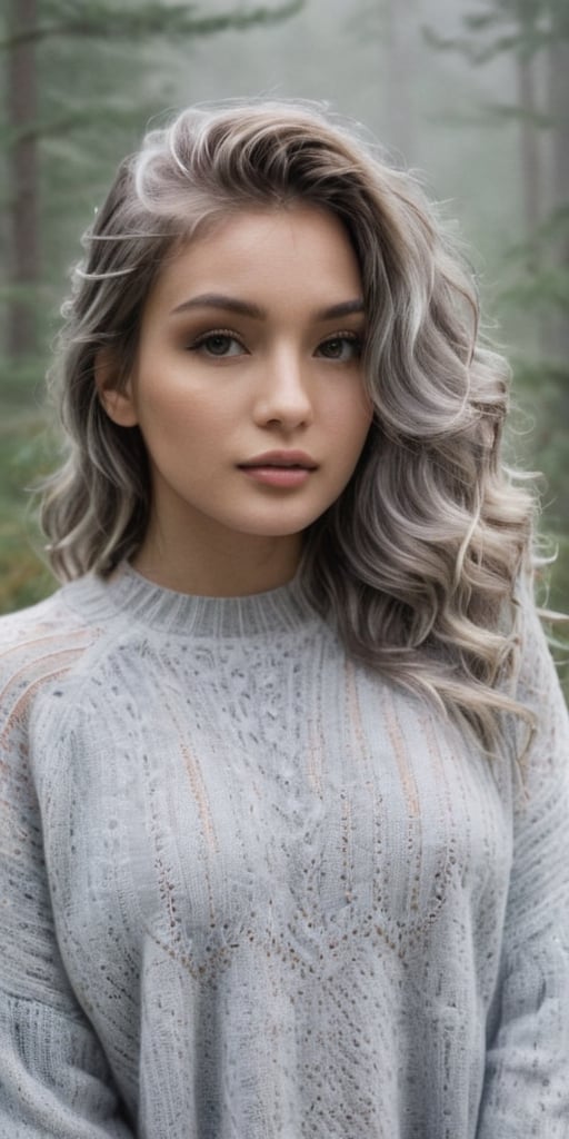 Generate hyper realistic image of a woman with silver-gray mermaid waves, donning a cozy oversized sweater, posing against a misty forest backdrop, creating an enchanting and ethereal scene in a portrait photography style.highly detailed, sharp focus.8k,photography style, ,more detail XL,Extremely Realistic,aesthetic portrait,Sexy