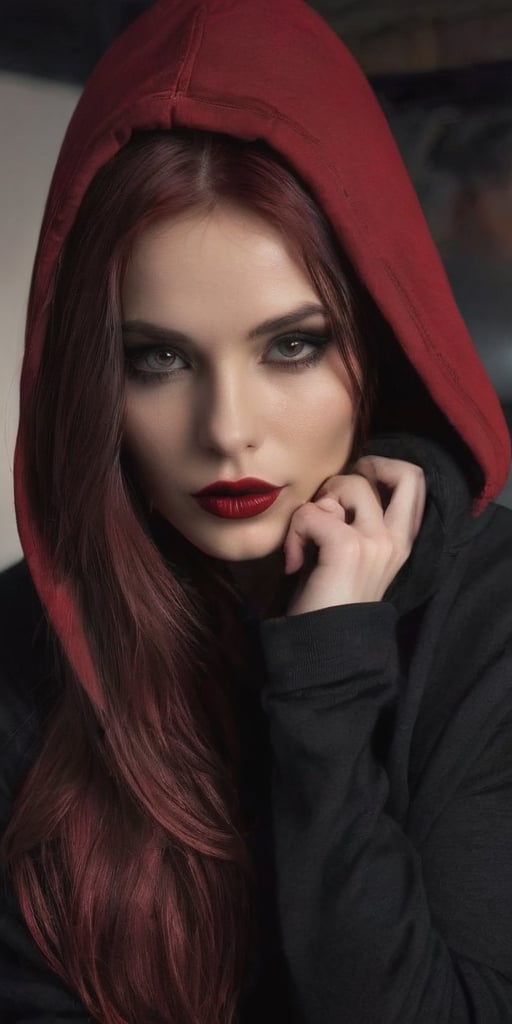 Generate hyper realistic image of a beautiful woman with dark red, lustrous hair cascading down, wearing a black oversized hoodie. Her long hair partially covers her face as she looks shyly at the viewer. Adorned in gothic makeup with big red lips and a pale complexion, she exudes a teasing smile inside a dimly lit bedroom. The contrast between the cozy oversized hoodie and the gothic allure adds a unique charm to the scene.