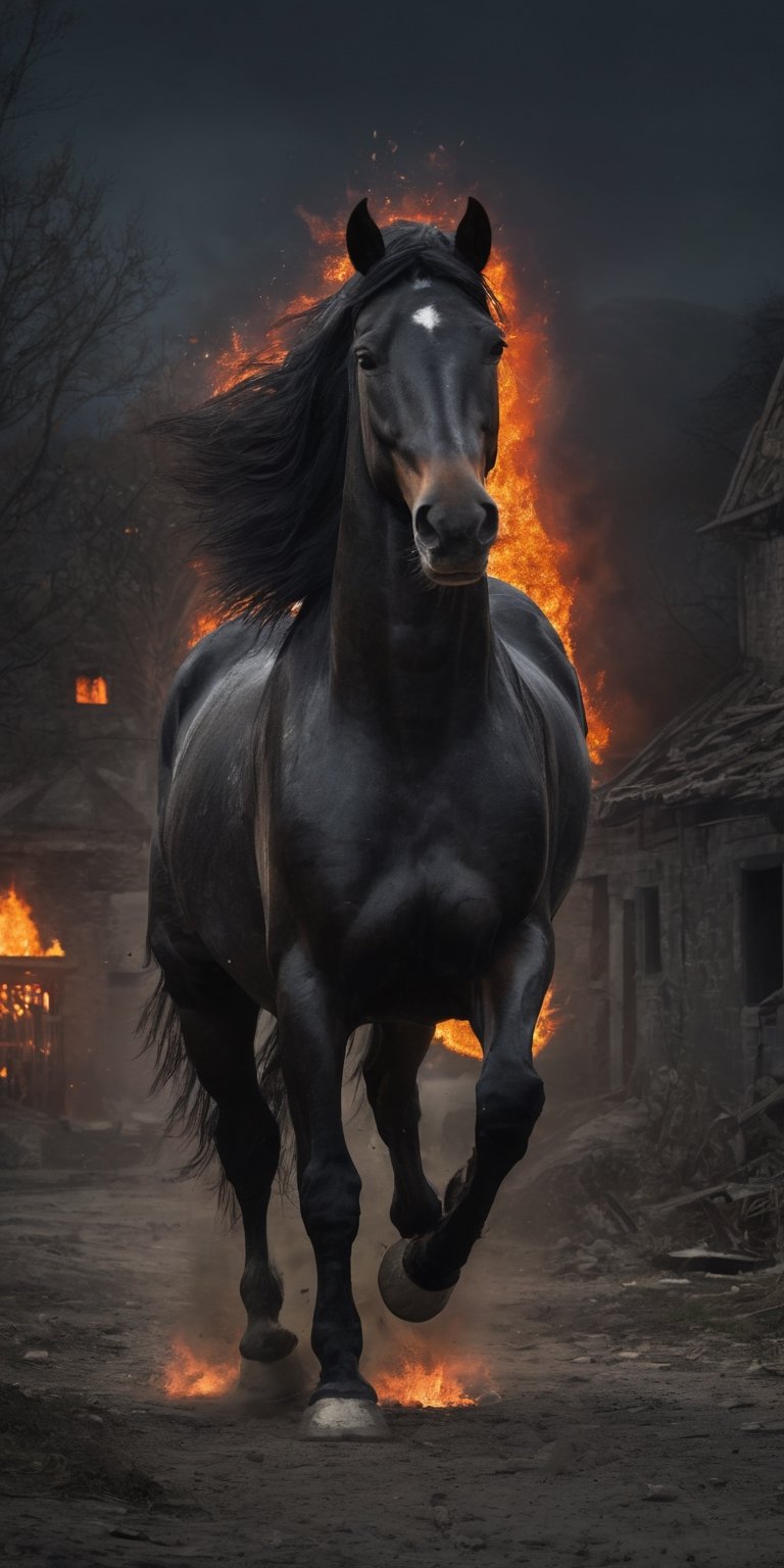 create a hyper realistic image of black horse with flaming mane running through abandoned village, dark night, , mighty and proud, strong and fiercy. high_resolution, highly detailed, sharp focus.8k,More Detail,monster