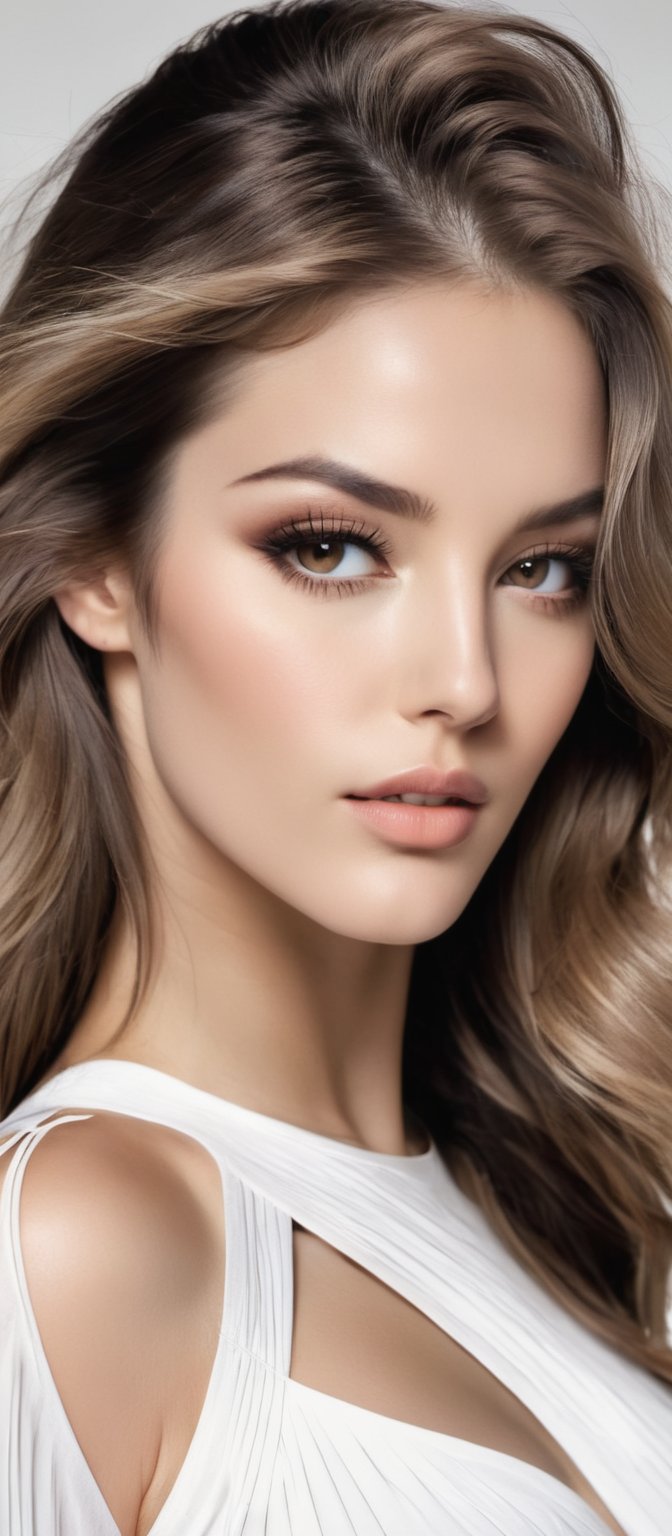 Generate hyper realistic image of a woman with a striking and provocative appearance. She has long, voluminous brown hair with loose waves. The hair is parted slightly off-center, framing her face and giving her a soft, natural look. She has a delicate and youthful face with subtle makeup. Her eyes are slightly downcast, giving her a serene expression. She is wearing a cropped white long-sleeve top with a unique design. The top has a cut-out detail in the middle, held together by thin, criss-crossing strings. he is wearing a high-waisted, pleated beige mini-skirt. The skirt is short. She has on a pair of strappy, nude-colored heels that wrap around her ankles. 