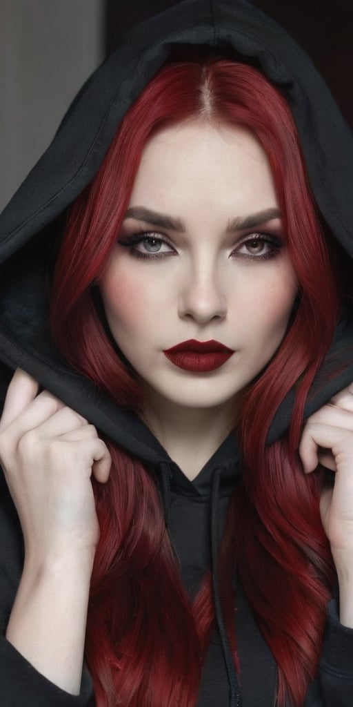 Generate hyper realistic image of a beautiful woman with dark red, lustrous hair cascading down, wearing a black oversized hoodie. Her long hair partially covers her face as she looks shyly at the viewer. Adorned in gothic makeup with big red lips and a pale complexion, she exudes a teasing smile inside a dimly lit bedroom. The contrast between the cozy oversized hoodie and the gothic allure adds a unique charm to the scene.