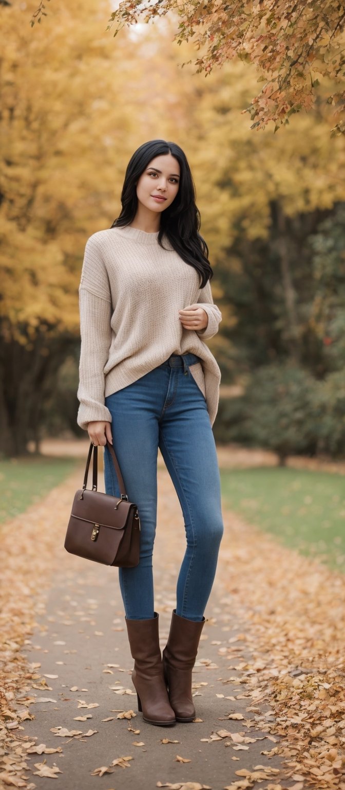 Generate hyper realistic image of a woman standing outdoors, her long black hair cascading over her shoulders. She wears a sweater, long sleeves covering her arms, paired with denim pants and brown boots. Her handbag hangs casually from her shoulder as she walks among autumn leaves, the trees adorned with colorful foliage. With crossed legs and a relaxed stance, she exudes a natural grace and elegance in this picturesque autumn setting.