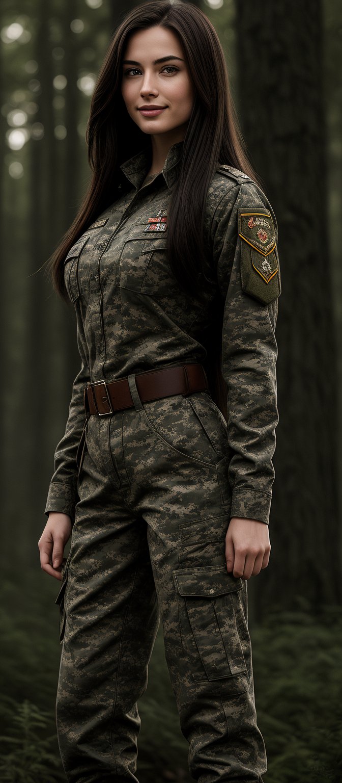 Generate hyper realistic image of a woman with long, straight, dark brown hair that flows freely down her back. She is wearing a full military uniform in camouflage pattern, which includes a long-sleeved shirt and matching pants. The uniform fits snugly, emphasizing her curves. The outfit is complete with a belt and insignia on her sleeve. She has teasing smile while gazing at the wiewer. The background is set in forest.