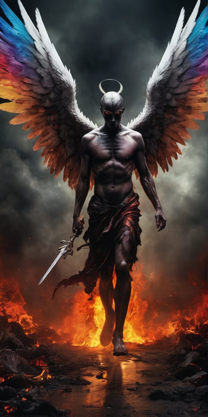  Create a hyper realistic image of hell and its surroundings,  Angel walking foward.colourful , wide , specific, dark , grim, .,photo r3al