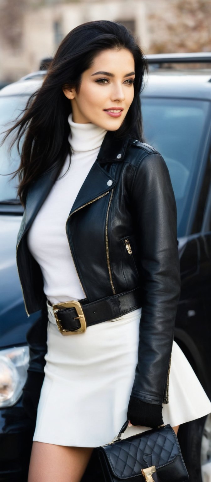 Generate hyper realistic image of a beautiful woman standing in front of a car, looking at the viewer with a confident smile. She is dressed in a black leather jacket, white turtleneck, and a white skirt with a black belt. Her long, dark hair frames her face, and her black boots and purse with a gold buckle enhance her appearance. The background is blurred, and the car is parked on the side of the road, making her the center of attention in the scene.