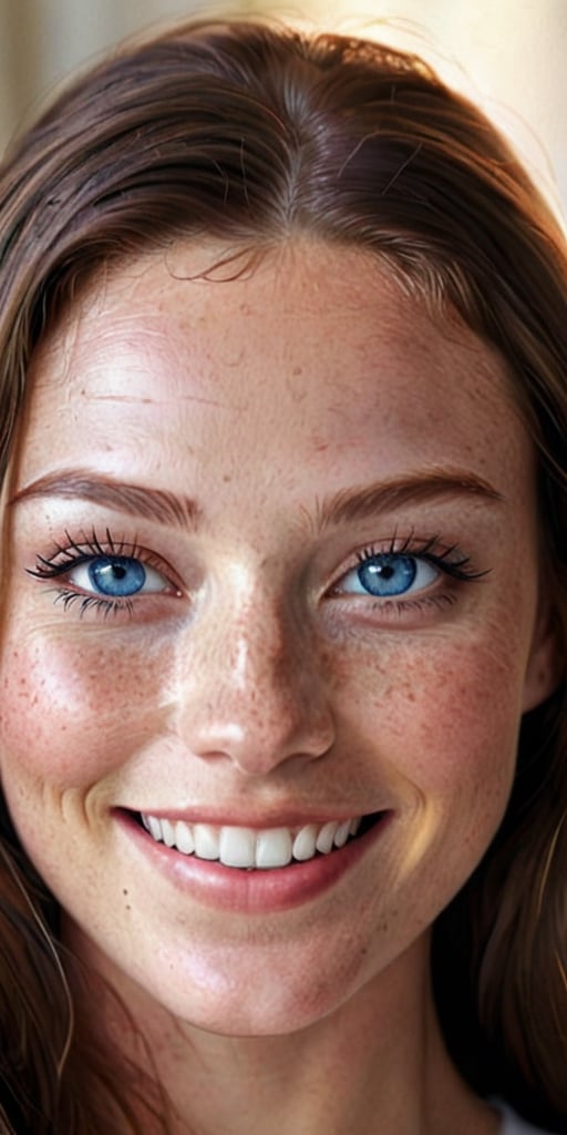 Generate hyper realistic image of a woman with a radiant smile that lights up her face, her high cheekbones dusted with freckles, and her deep-set blue eyes full of warmth and kindness.