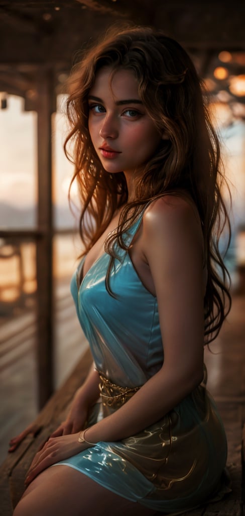 create a photo realistic women with see through dress. Women is lit by golden light, long hair, age 20, russian, astonishing face, beautiful blue eyes, cute nose, she is full back and face to the viewer, long curly hair , hourglass body, evening.photo taken from crouched position.,xyzabcplanets