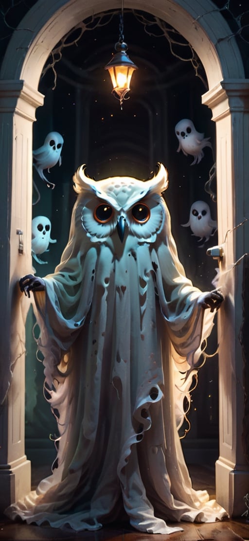 create a owl scaring the viewer in  ghostly decoratedwashroom,spoooky and scary mood.halloween,monster,more detail XL,hallow33n,horror,1 girl