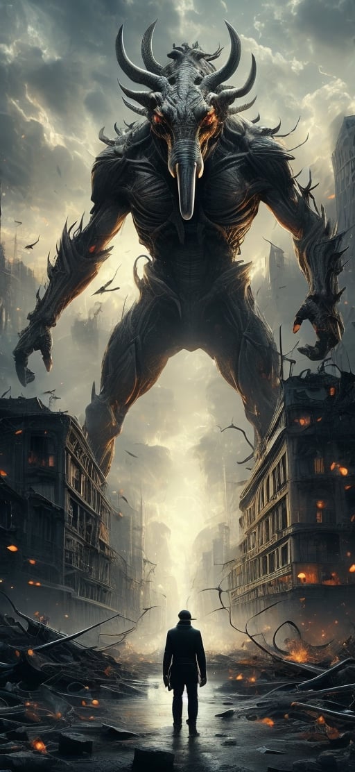  create a giant behemoth destroying old city, middle age times, elephant head, humanoid body,powerful humans-eating, river-dwelling beast with bones likened to bronze pipes and limbs likened to iron bars, photo takem from human perspective. background of destroyed city, dramatic lighting, sharp focusxyzabcplanets,Nature,FFIXBG