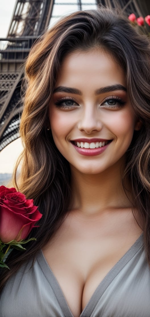 create a beautiful woman holding bouquet of roses, red long hairs , grey eyes , black lips, hourglass body, natural breast, she is looking at roses with bright smile,happy exciting,french beauty, age 18, model, beground of eiffel tower.,photo of perfecteyes eyes,leonardo