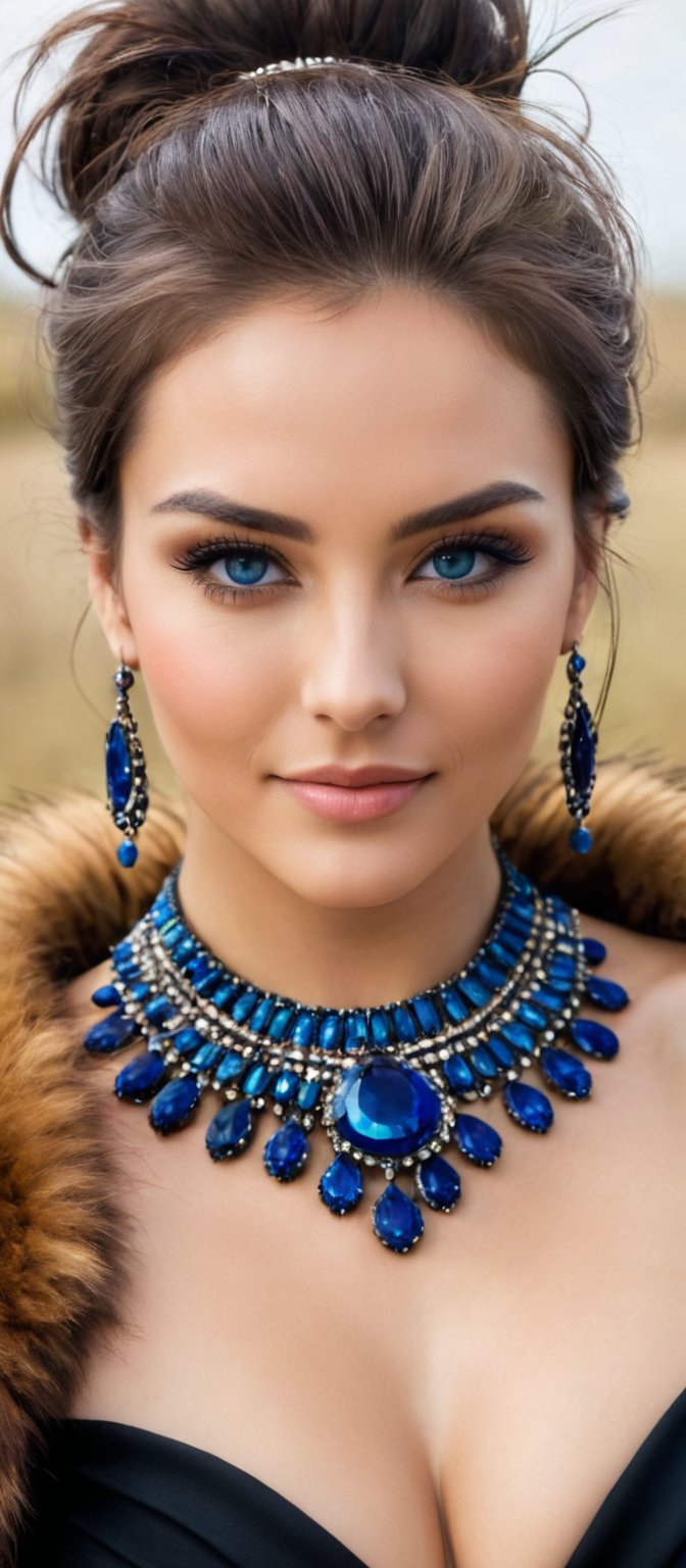 Generate hyper realistic image of a beautiful native woman with dark brown hair cascading down her back, looking directly at the viewer with a gentle smile. She has striking blue eyes and is wearing a black strapless dress paired with a brown fur coat draped over her shoulders. Her neck is adorned with a multi-colored necklace, composed of blue stones arranged in a circular pattern. The setting is a dark room that highlights the elegance of her attire and the vividness of the necklace.