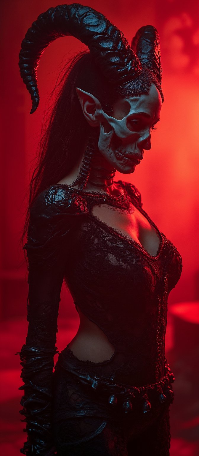 Generate hyper realistic image of a female with dark, curvy and sinister figure, blending elements of horror and gothic fantasy. The woman's head is largely skeletal, with a detailed and prominent skull serving as a mask. On top of the skull, there are massive, twisted horns. These horns are black and jagged, curving upward. The woman's body is partly exposed, but draped in intricate black lace and armor-like adornments. Bone-like details are incorporated into the armor around the chest, further emphasizing death and decay. The image is bathed in dark red light, giving it a hellish atmosphere. The red glow emanates from behind and around the character, creating dramatic shadows and highlighting the figure’s skeletal features. The background is dimly lit and blurred  a gothic temple.