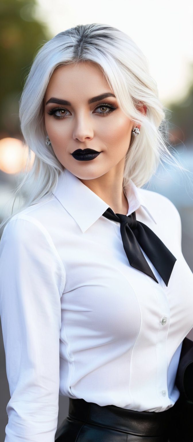 Generate hyper realistic image of a woman with long white hair, wearing a white collared shirt with an open black jacket. The outfit reveals a bit of cleavage and includes a black high-waist skirt, accompanied by black pantyhose. She stands, looking directly at the viewer, her long sleeves elegantly covering her arms at her sides. Her large breasts are noticeable, and she is adorned with jewelry and earrings. Her makeup includes black lipstick, and she has a subtle floral print accessory. Her grey eyes are striking, and she wears a warm smile.