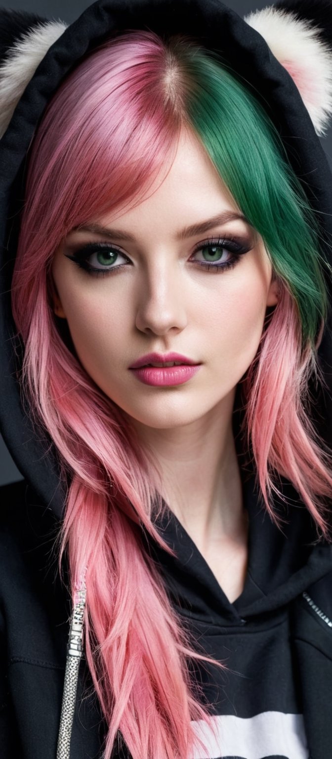 Generate hyper realistic image of a rebellious beauty with long, pink hair cascading over her shoulders. Her piercing green eyes meet the viewer's gaze with defiance, framed by stylish bangs. Pale skin accentuates her dark eyelashes and pink lips, while black makeup and nails add an edgy allure. Dressed comfortably, she wears a hoodie with a playful panda design, complete with a zipper and a mischievous smile.