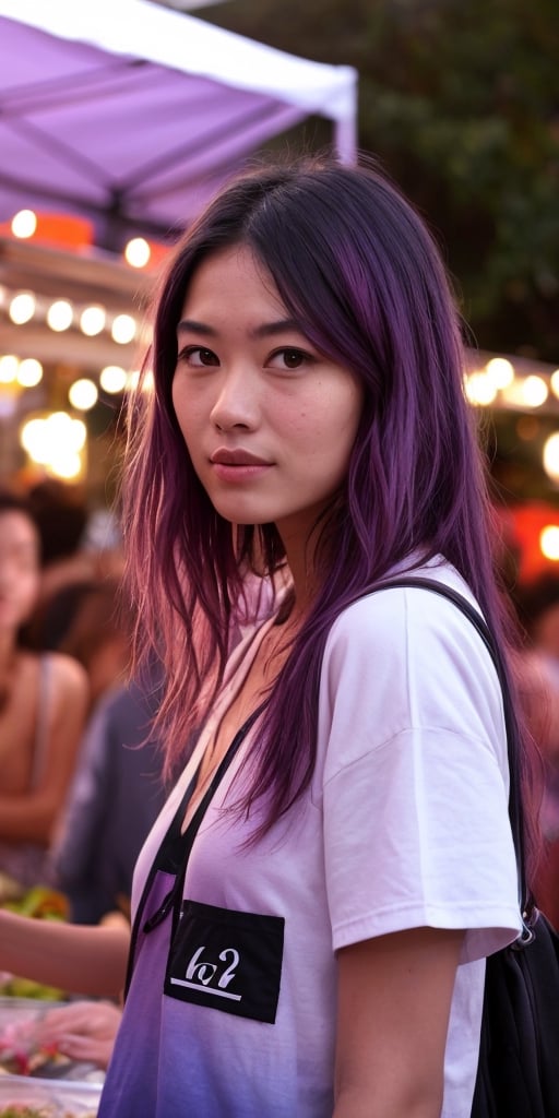 Generate hyper realistic image of a scene featuring a woman with a vibrant lavender ombre, dressed in edgy streetwear, exploring a lively night market filled with food stalls and cultural performances, blending urban style with diverse night-life experiences.Extremely Realistic, up close, 