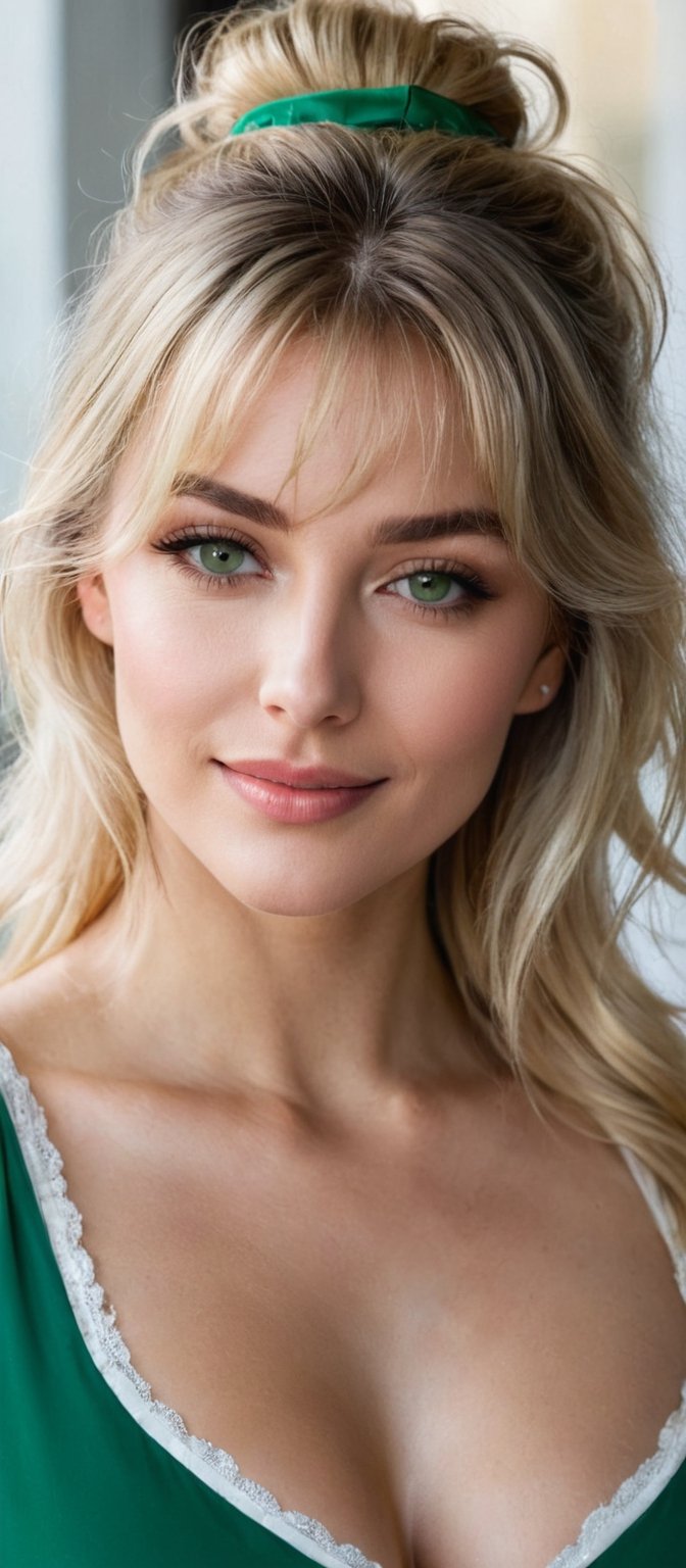 Generate hyper realistic image of a woman with long blonde hair cascading down her shoulders. She gazes directly at the viewer with green eyes, a soft blush on her cheeks, and a gentle smile playing on her lips. Her hair is adorned with a delicate scrunchie, and wispy bangs frame her face. She stands confidently in a white off-shoulder shirt, revealing a hint of cleavage and bare shoulders.