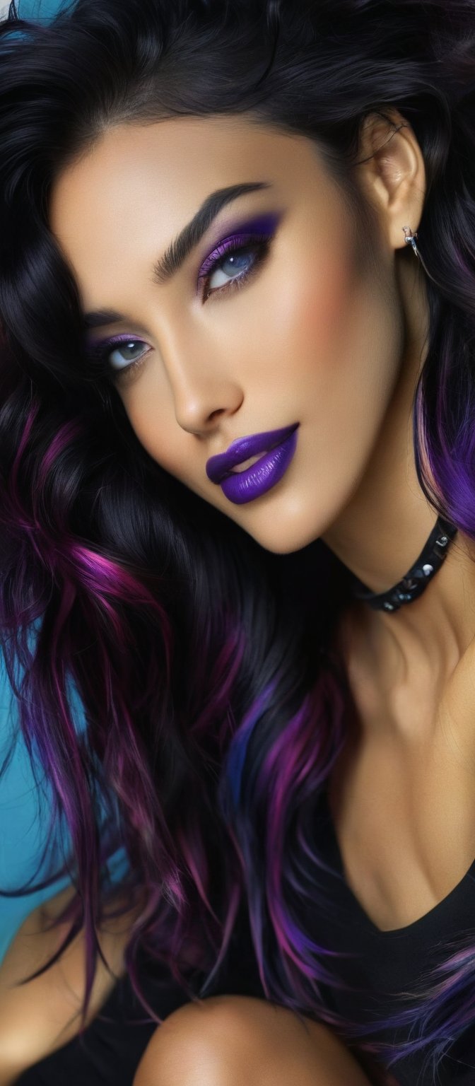 Generate hyper realistic image of a woman with long, wavy black hair streaked with vibrant purple hues, looking directly at the viewer with a smile. She has large breasts and in seductive pose. She wears a tight black t-shirt and a black choker necklace, which features a small black cross. Her eyes are a piercing blue, and her lips are painted a deep purple. Her hair cascades over her shoulders, framing her face. She is seated with her left arm resting on her hip and her right arm on the ground. The background is a light blue color with a rough texture,hinaigirl