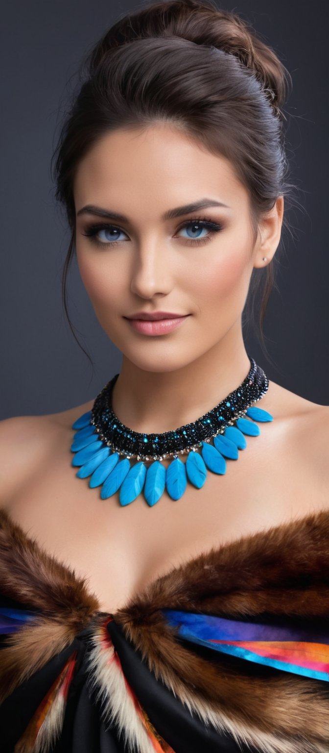 Generate hyper realistic image of a beautiful native woman with dark brown hair cascading down her back, looking directly at the viewer with a gentle smile. She has striking blue eyes and is wearing a black strapless dress paired with a brown fur coat draped over her shoulders. Her neck is adorned with a multi-colored necklace, composed of blue stones arranged in a circular pattern. The setting is a dark room that highlights the elegance of her attire and the vividness of the necklace.