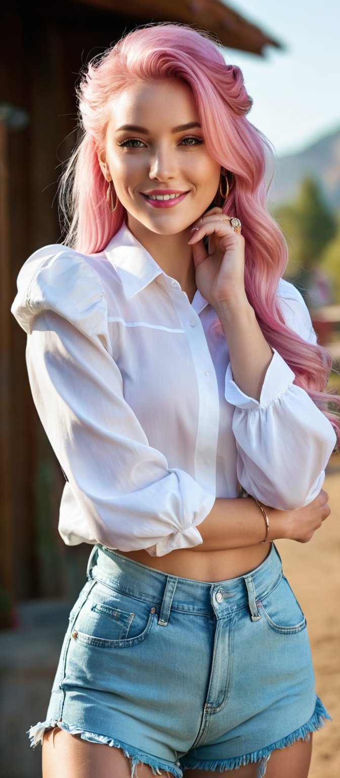 Generate hyper realistic image of a woman with long pink hair styled in a braid, with bangs gently resting on her forehead. She stands outside, smiling at the viewer while wearing a white shirt with puffy sleeves and high-waist shorts. The shirt has long sleeves that puff out, creating a stylish appearance. A ring adorns her finger, and she has earrings that catch the light. Her hair cascades over one shoulder, and the background is blurry, making her the focal point of the cowboy shot.