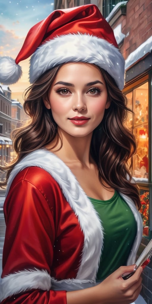 Generate hyper realistic image of a Christmas-themed woman with an artistic flair, wearing a painter's smock and Santa hat, creating a festive mural on a city wall, infusing the urban landscape with holiday cheer and colorful imagination.