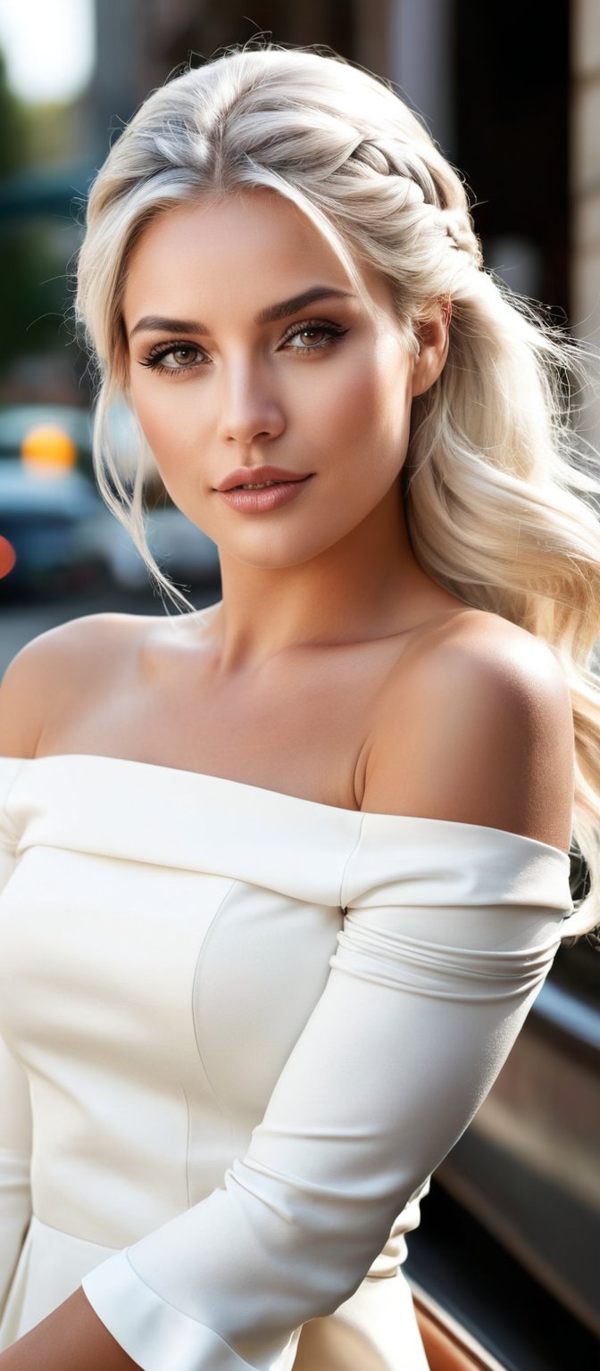 Generate hyper realistic image of a woman depicted in a sophisticated and elegant manner. She has long, silver-blonde hair styled in a loose braid that falls over her shoulder, with a few strands framing her face. Tan complexion with large, expressive grey eyes, a confident expression, and soft, natural makeup. She is wearing a form-fitting, off-the-shoulder white dress with three-quarter sleeves. The dress accentuates her figure, giving her a glamorous and refined look. 