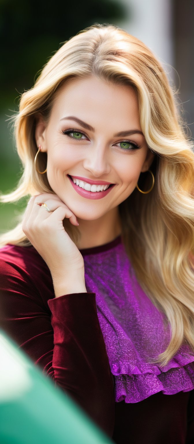 Generate hyper realistic image of a woman with long blonde hair, looking at the viewer with a smile and green eyes. She has one eye closed, wearing a shirt with frills, and a necklace. Her fingernails are painted red, and her lips are also red. She has detailed facial features, clear skin, and dimples that highlight her bright smile. Her eyelashes are prominent, and she has light brown hair strands mixed with the blonde. The background is blurry, making her the focal point. She has her hands on her face, showcasing pink nails, and her forehead is visible.