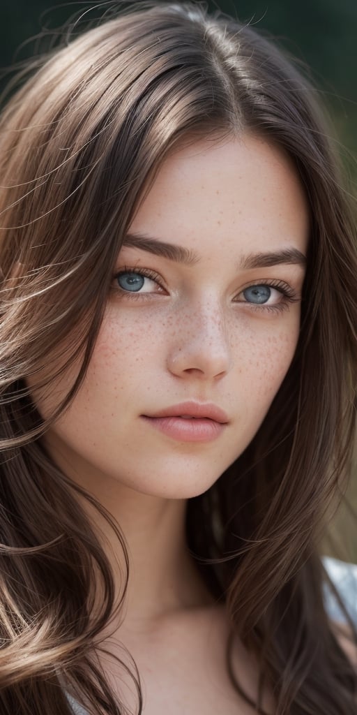 Generate hyper realistic image of a beautiful woman with long flowing hair, gazing directly at the viewer with serene blue eyes. Her parted lips hint at a subtle expression of tranquility, and realistic freckles grace her nose. This portrait captures the essence of a calm and captivating moment.