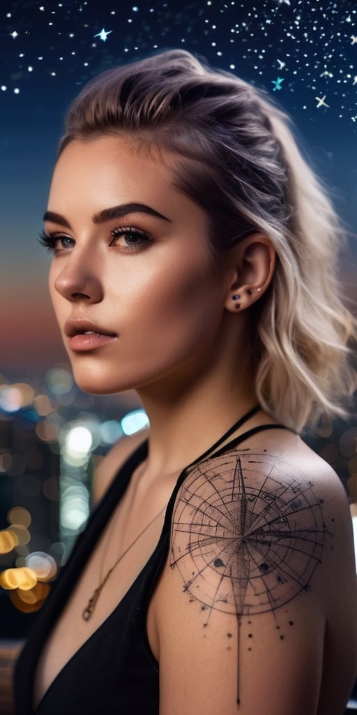 Generate hyper realistic image of a scene featuring a young woman with a captivating star map tattoo across her face, wearing avant-garde celestial-inspired fashion, attending a stargazing event on a rooftop with a panoramic view of the city skyline.Extremely Realistic, up close, 