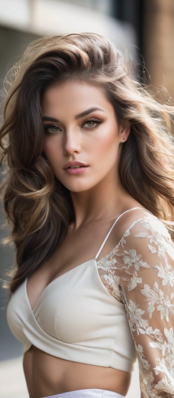 Generate hyper realistic image of a woman with a striking and provocative appearance. She has long, voluminous brown hair with loose waves. The hair is parted slightly off-center, framing her face and giving her a soft, natural look. She has a delicate and youthful face with subtle makeup. Her eyes are slightly downcast, giving her a serene expression. She is wearing a cropped white long-sleeve top with a unique design. The top has a cut-out detail in the middle, held together by thin, criss-crossing strings. he is wearing a high-waisted, pleated beige mini-skirt. The skirt is short. She has on a pair of strappy, nude-colored heels that wrap around her ankles. 