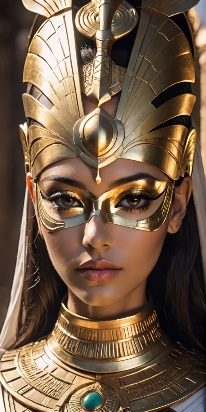 create a hyper realistic image of beautiful woman wearing  golden egyptian mask and attire, stunning and elegant, lost arc, up close , 8k, high detailed, sharp focus.,Extremely Realistic,Movie Still,Stylish,Man,Portrait,more detail XL,Sci-fi 