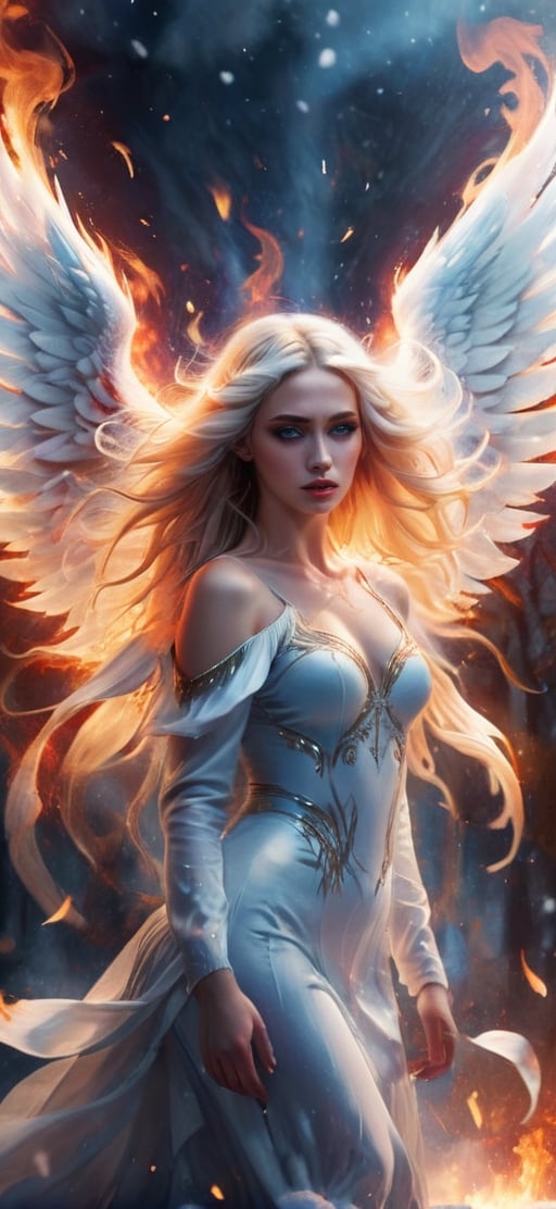  create a beautiful female angel falling down from the sky. sad expression,fire wings, wings wide open, snow white long hair, messy hair, wings made out of fire , hopeful expression,blue eyes, red lips, realistic, photo r3al,more detail XL,IMGFIX,AngelicStyle,fire element