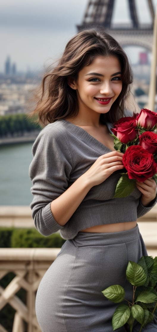 create a beautiful woman holding bouquet of roses, red long hairs , grey eyes , black lips, hourglass body, natural breast, she is looking at roses with bright smile,happy exciting,french beauty, age 18, model, beground of eiffel tower.,photo of perfecteyes eyes,leonardo