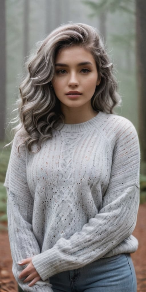 Generate hyper realistic image of a woman with silver-gray mermaid waves, donning a cozy oversized sweater, posing against a misty forest backdrop, creating an enchanting and ethereal scene in a portrait photography style.highly detailed, sharp focus.8k,photography style, ,more detail XL,Extremely Realistic,aesthetic portrait,Sexy