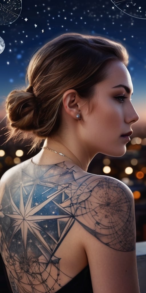 Generate hyper realistic image of a scene featuring a young woman with a captivating star map tattoo across her face, wearing avant-garde celestial-inspired fashion, attending a stargazing event on a rooftop with a panoramic view of the city skyline.Extremely Realistic, up close, 