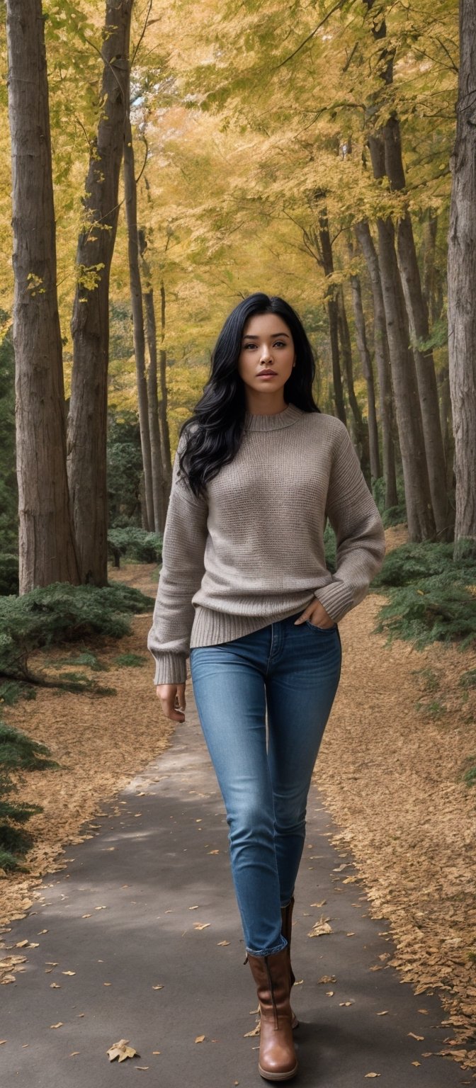 Generate hyper realistic image of a woman with long, black hair styled elegantly, wearing a sweater and denim jeans while standing amidst the beauty of autumn foliage. With long sleeves and brown boots, she exudes a sense of serenity as she walks through the outdoor scenery, surrounded by trees and leaves.