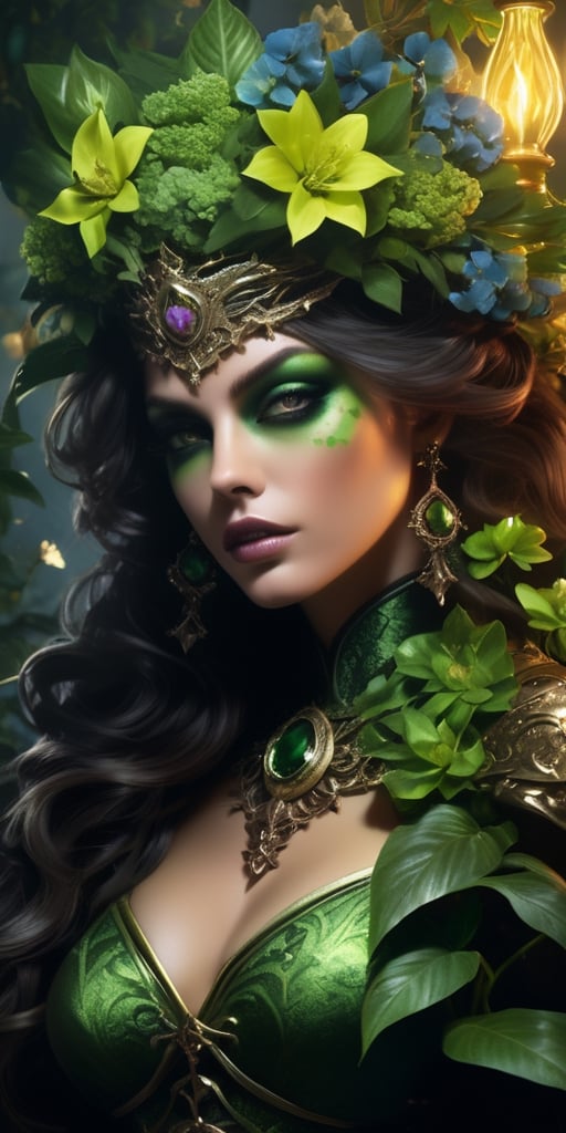 Generate hyper realistic image of an intensely detailed and visually captivating dark art-style image of Poison Eve, exuding a slightly crazy yet captivating aura of love. Craft Poison Eve with a dominating green color palette, surrounded by a lush abundance of flowers. Emphasize her stunning beauty, with intricate details capturing the dark and mysterious nature of her character. Utilize dynamic lighting and shadows to enhance the overall dark photo style, creating an atmosphere of both allure and madness. Ensure high detail and sharp focus to highlight the nuances of Poison Eve's expression, features, and the intricate floral surroundings. The goal is to generate a visually striking representation that combines Poison Eve's dark and enchanting personality with the lush beauty of a garden dominated by green hues. highly detailed, sharp focus.8k,photography style,more detail XL,Zombie,Realstic