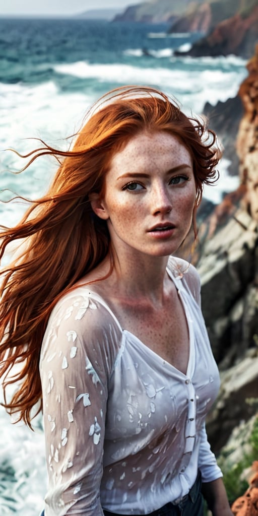 Generate hyper realistic image of a woman with a windswept mane of fiery red hair, her freckled shoulders exposed as she stands on a cliffside overlooking a rugged coastline, the crashing waves below creating a symphony of sound.